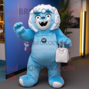 Blue Yeti mascot costume character dressed with a Jumpsuit and Handbags