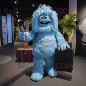 Blue Yeti mascot costume character dressed with a Jumpsuit and Handbags