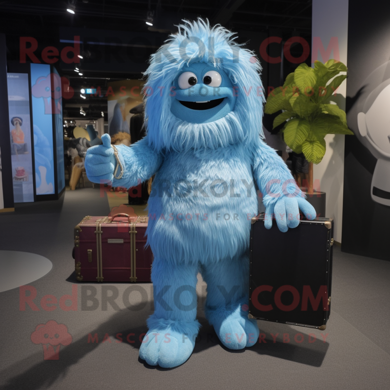 Blue Yeti mascot costume character dressed with a Jumpsuit and Handbags Blue Yeti mascot costume character dressed with a Jumpsuit and Handbags