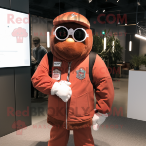 Rust Engagement Ring mascot costume character dressed with a Bomber Jacket and Reading glasses