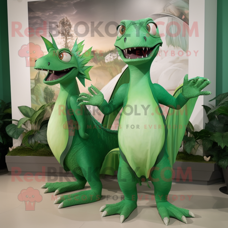 Green Dimorphodon mascot costume character dressed with a Empire Waist Dress and Hairpins