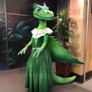 Green Dimorphodon mascot costume character dressed with a Empire Waist Dress and Hairpins