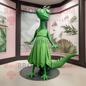 Green Dimorphodon mascot costume character dressed with a Empire Waist Dress and Hairpins