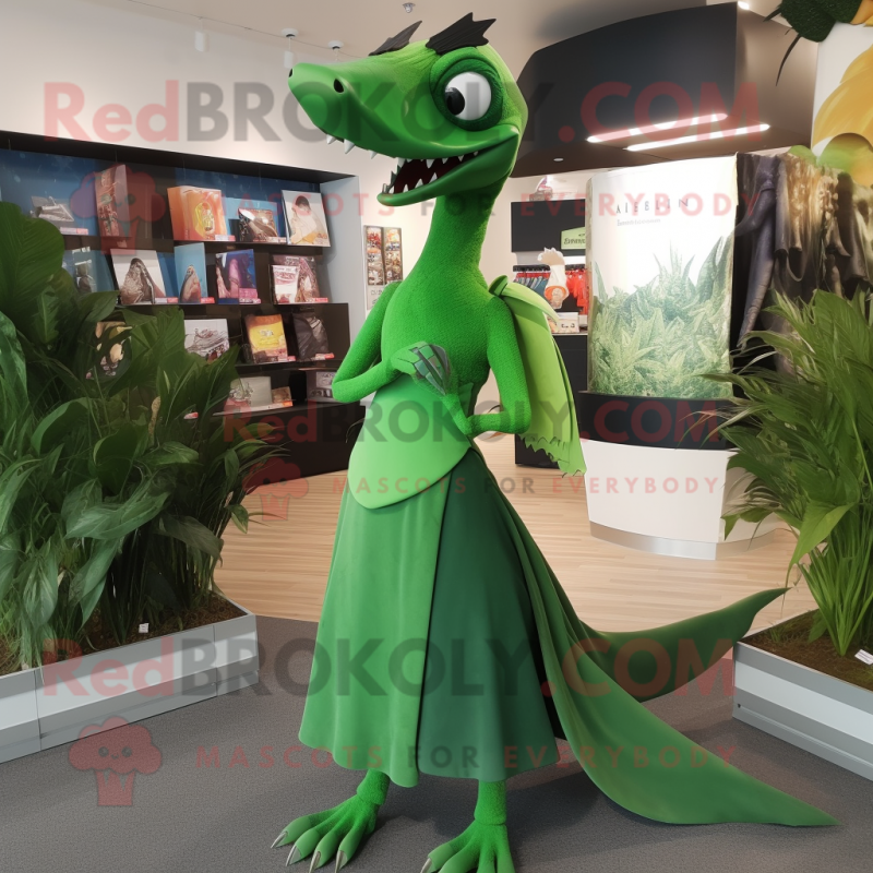 Green Dimorphodon mascot costume character dressed with a Empire Waist Dress and Hairpins