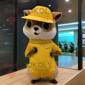 Yellow Flying Squirrel mascot costume character dressed with a One-Piece Swimsuit and Hat pins