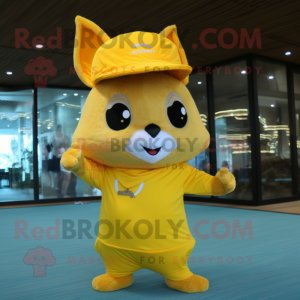 Yellow Flying Squirrel mascot costume character dressed with a One-Piece Swimsuit and Hat pins