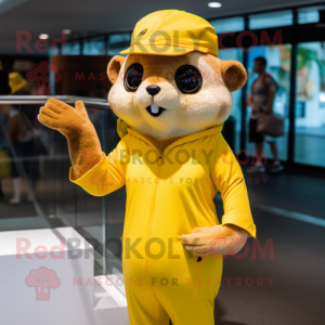 Yellow Flying Squirrel mascot costume character dressed with a One-Piece Swimsuit and Hat pins