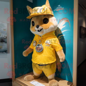 Yellow Flying Squirrel mascot costume character dressed with a One-Piece Swimsuit and Hat pins