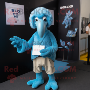 Sky Blue Vulture mascot costume character dressed with a Polo Tee and Mittens