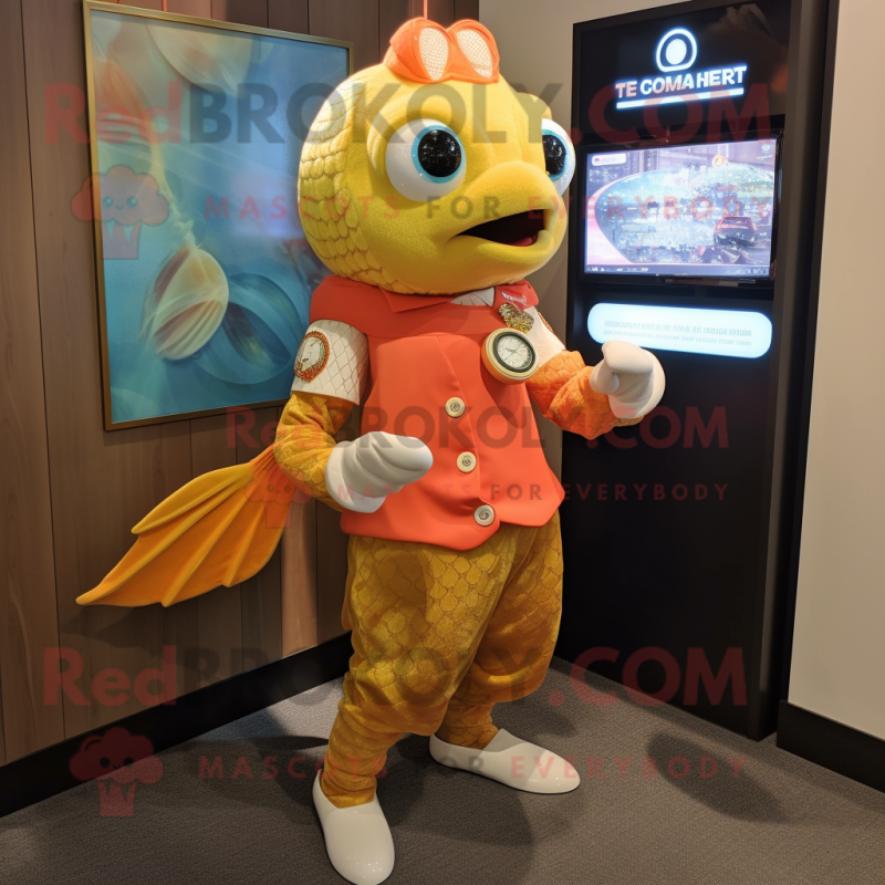 Gold Salmon mascot costume character dressed with a Shift Dress and Digital watches