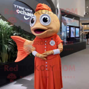 Gold Salmon mascot costume character dressed with a Shift Dress and Digital watches
