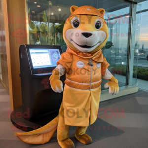 Gold Salmon mascot costume character dressed with a Shift Dress and Digital watches