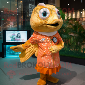 Gold Salmon mascot costume character dressed with a Shift Dress and Digital watches