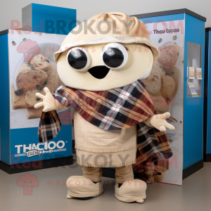 Beige Tacos mascot costume character dressed with a Flannel Shirt and Shawls