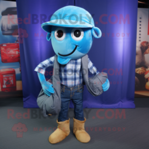 Blue Squid mascot costume character dressed with a Flannel Shirt and Clutch bags