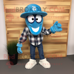 Blue Squid mascot costume character dressed with a Flannel Shirt and Clutch bags