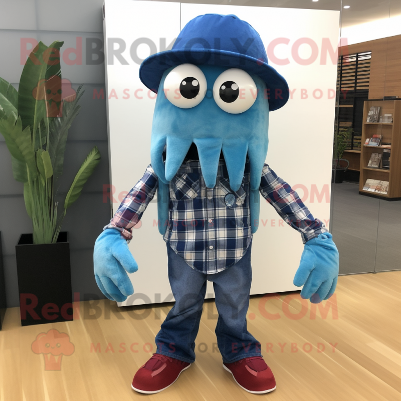 Blue Squid mascot costume character dressed with a Flannel Shirt and Clutch bags