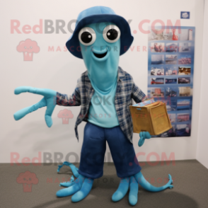 Blue Squid mascot costume character dressed with a Flannel Shirt and Clutch bags