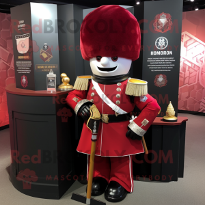 Maroon British Royal Guard mascot costume character dressed with a Moto Jacket and Keychains