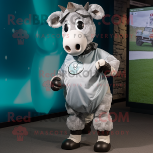 Gray Hereford Cow mascot costume character dressed with a A-Line Dress and Smartwatches