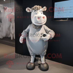 Gray Hereford Cow mascot costume character dressed with a A-Line Dress and Smartwatches