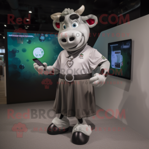 Gray Hereford Cow mascot costume character dressed with a A-Line Dress and Smartwatches