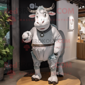 Gray Hereford Cow mascot costume character dressed with a A-Line Dress and Smartwatches