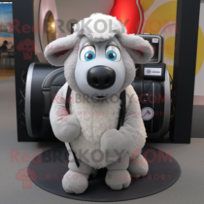 Silver Merino Sheep mascot costume character dressed with a Circle Skirt and Backpacks