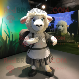 Silver Merino Sheep mascot costume character dressed with a Circle Skirt and Backpacks