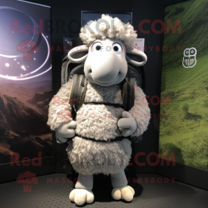 Silver Merino Sheep mascot costume character dressed with a Circle Skirt and Backpacks