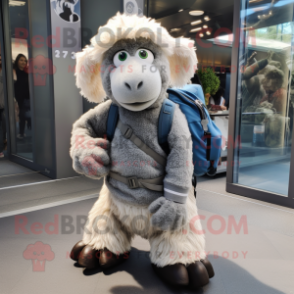 Silver Merino Sheep mascot costume character dressed with a Circle Skirt and Backpacks