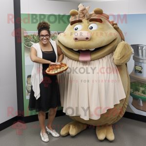 Tan Pulled Pork Sandwich mascot costume character dressed with a Shift Dress and Anklets