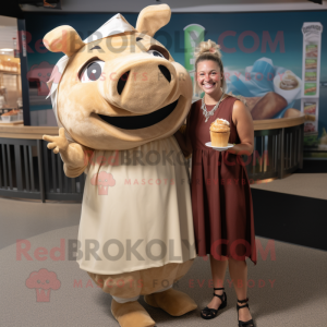Tan Pulled Pork Sandwich mascot costume character dressed with a Shift Dress and Anklets