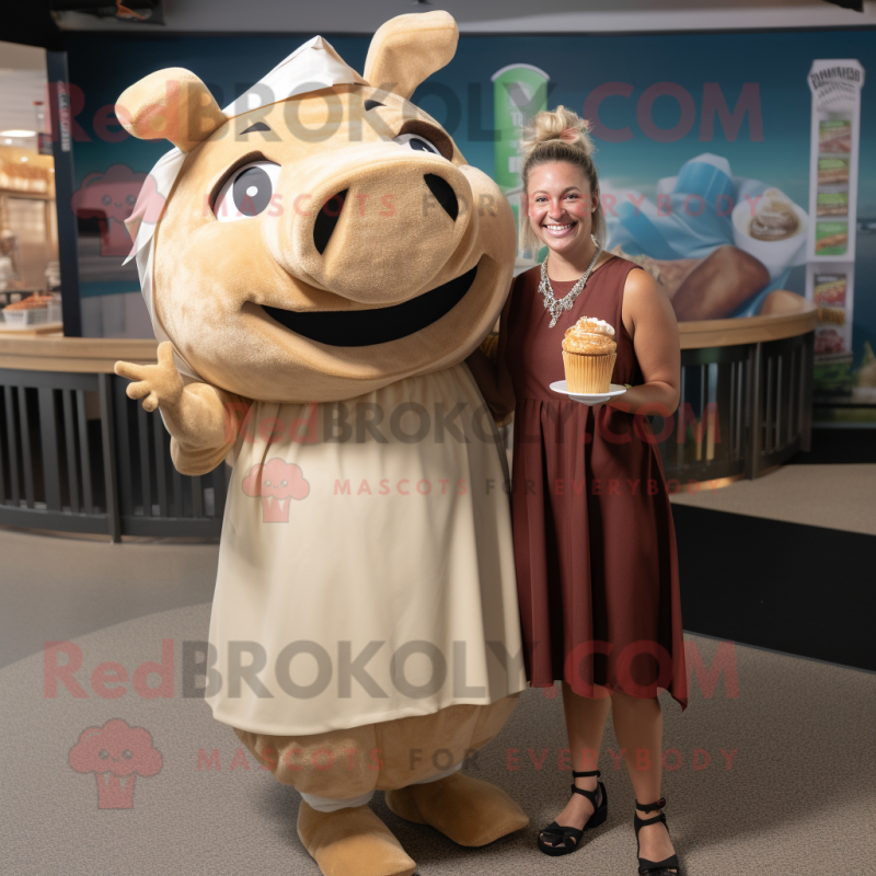 Tan Pulled Pork Sandwich mascot costume character dressed with a Shift Dress and Anklets