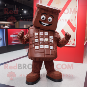 Red Chocolate Bars mascot costume character dressed with a Jacket and Belts