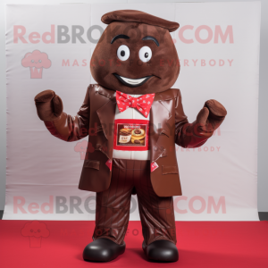 Red Chocolate Bars mascot costume character dressed with a Jacket and Belts