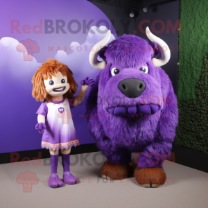 Purple Buffalo mascot costume character dressed with a Mini Dress and Ties