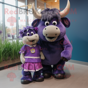 Purple Buffalo mascot costume character dressed with a Mini Dress and Ties