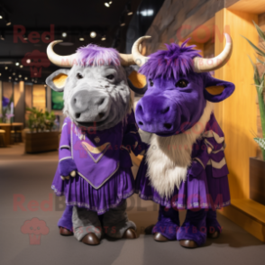 Purple Buffalo mascot costume character dressed with a Mini Dress and Ties