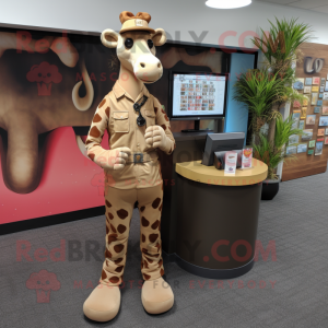 Tan Giraffe mascot costume character dressed with a Jumpsuit and Wallets