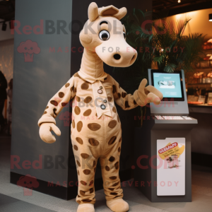 Tan Giraffe mascot costume character dressed with a Jumpsuit and Wallets
