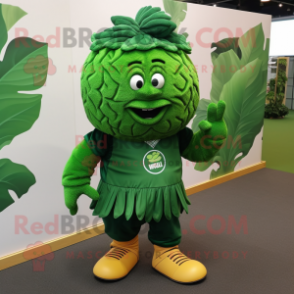 Forest Green Cabbage Leaf mascot costume character dressed with a Rugby Shirt and Shoe laces