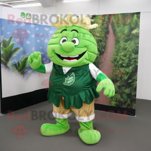 Forest Green Cabbage Leaf mascot costume character dressed with a Rugby Shirt and Shoe laces
