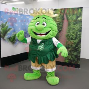 Forest Green Cabbage Leaf mascot costume character dressed with a Rugby Shirt and Shoe laces