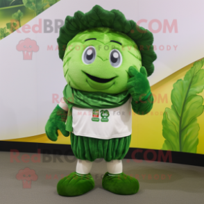 Forest Green Cabbage Leaf mascot costume character dressed with a Rugby Shirt and Shoe laces