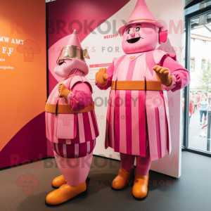 Pink Swiss Guard mascot costume character dressed with a Shift Dress and Cummerbunds