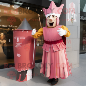Pink Swiss Guard mascot costume character dressed with a Shift Dress and Cummerbunds