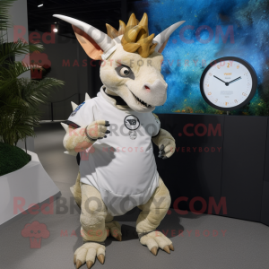 Cream Triceratops mascot costume character dressed with a Henley Shirt and Digital watches