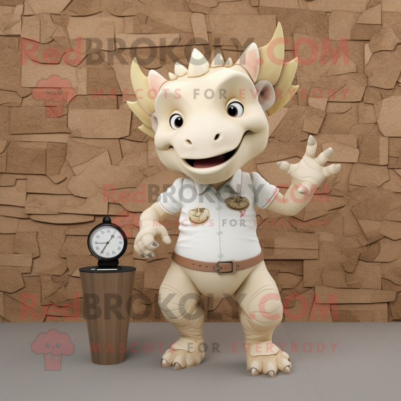 Cream Triceratops mascot costume character dressed with a Henley Shirt and Digital watches Cream Triceratops mascot costume character dressed with a Henley Shirt and Digital watches