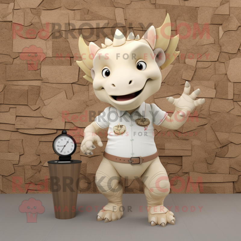 Cream Triceratops mascot costume character dressed with a Henley Shirt and Digital watches